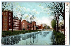 1906 Canal & Mills Buildings & Tower Lined Trees Lewiston Maine Antique Postcard