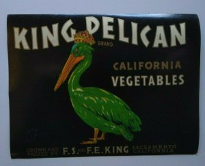 King Pelican Humanized With Crown Vegetable Crate Label Vintage Original 1930's