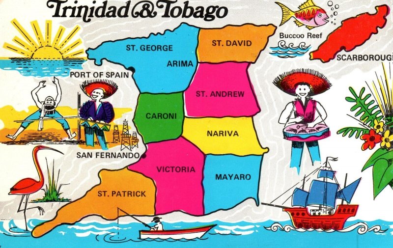 VINTAGE POSTCARD ANIMATED PICTORIAL MAP OF TRINIDAD & TOBAGO + REAR STAMPS