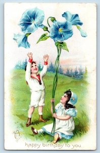 Birthday Postcard Children With Giant Flowers Embossed c1905 Posted Antique