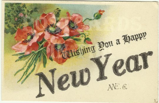 Vintage Postcard with a Happy New Year's Greeting with a beautiful hand written