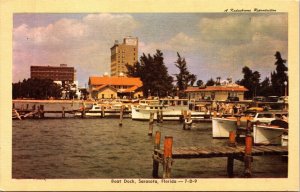 Boat Dock Sarasota Florida Ships Scenic Pier Skyline Buildings Chrome Postcard 