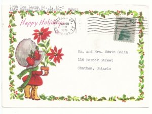 Happy Holidays, Girl Holding Poinsettia, 1976 Christmas Postcard