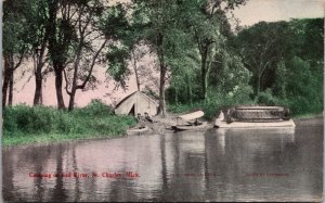 Hand Colored Postcard Camping on Bad River in St. Charles, Michigan