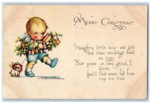 1928 Merry Christmas Little Boy With Gifts And Holly Berries Oakland CA Postcard