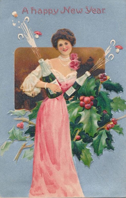 New Years Day Greetings Lady with Champaign - Holly and Mistletoe - pm 1910 - DB