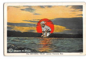 Traverse City Michigan MI Postcard 1915-30 Setting Sun Traverse Bay Baby on Pot