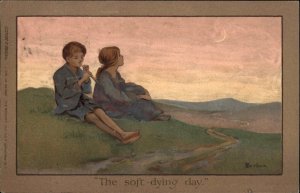 Barham Children Play Flute at Sunset c1910 Vintage Postcard