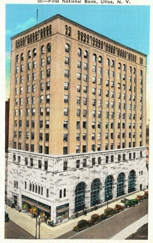 Vintage Postcard 1930's First National Bank Utica New York NY Pub Walter Pfeifer