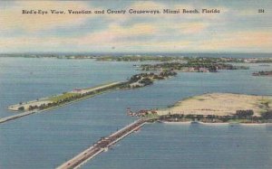 Florida Miami Beach Birds Eye View Venetian And County Causeways