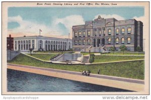 Iowa Des Moines River Front Showing Library And Post Office 1946