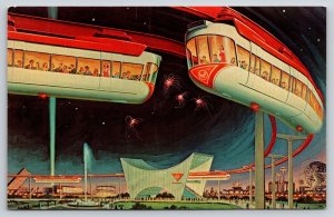 New York City~1964 World's Fair~AMF Monorail @ Night~Fireworks~Artist Postcard