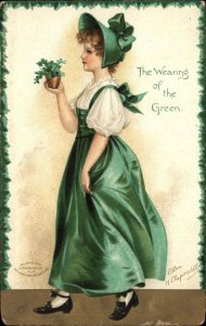 St Patrick's Day Pretty Woman Green Clothing Embossed c1910s Postcard