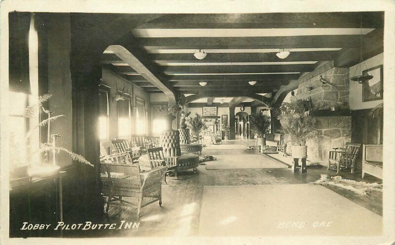 Bend Oregon 1920s Butte Inn Interior Lobby Pilot RPPC Photo Postcard 10865