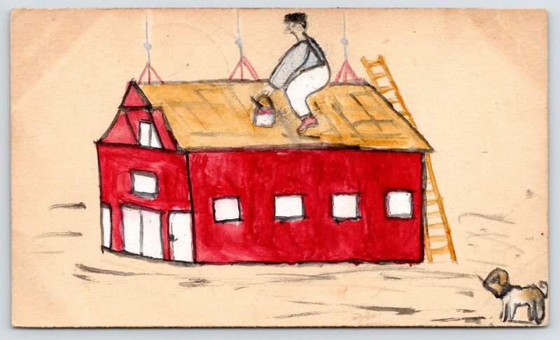 Sheridan Indiana~1909 Rosy Frankhauser Draws Man Painting Roof~Dog Watches 1909 