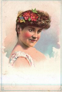 1880s-90s Young Woman Portrait Saline Mixture Fisher & Bro. Sunbury Trade Card