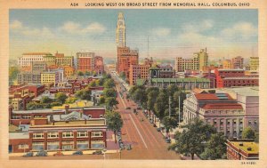 COLUMBUS, Ohio OH   BROAD STREET SCENE~West From Memorial Hall  c1940's Postcard