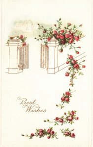 Vintage Postcard Best Wishes Flower Vine Gate Greetings Remembrance Card