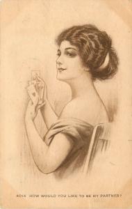 c1910 Postcard; Pretty Woman Playing Cards, How Would You Like to be My Partner?