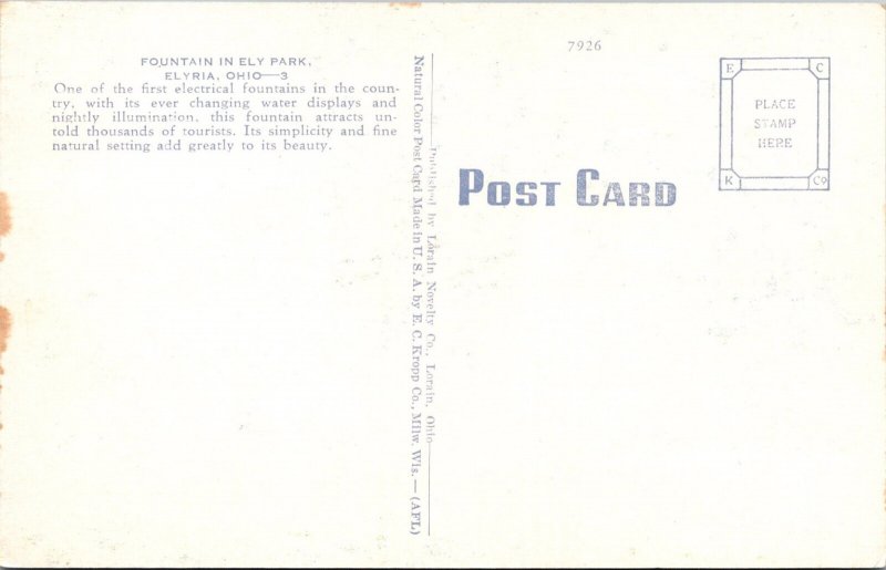 Vintage Postcard FOUNTAIN IN ELY PARK, ELYRIA, ОН!О JO6