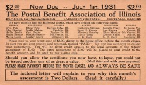 Postal Benefit Association of Illinois - Bill due for $2.00 - in 1931