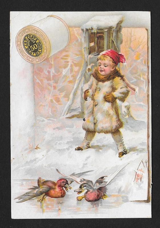 VICTORIAN TRADE CARD J&P Coats Thread Ducks & Child Snow