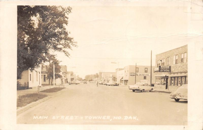 Towner North Dakota~Main Street~Vetsch Variety Store~Mobil Gas~1950s RPPC