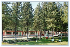 c1960's Chairs, Trees Evergreen Motel Princeton British Columbia Canada Postcard