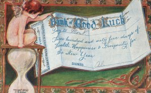 Vintage Postcard 1909 Bank Good Luck All Good Wishes Written In Check New Year