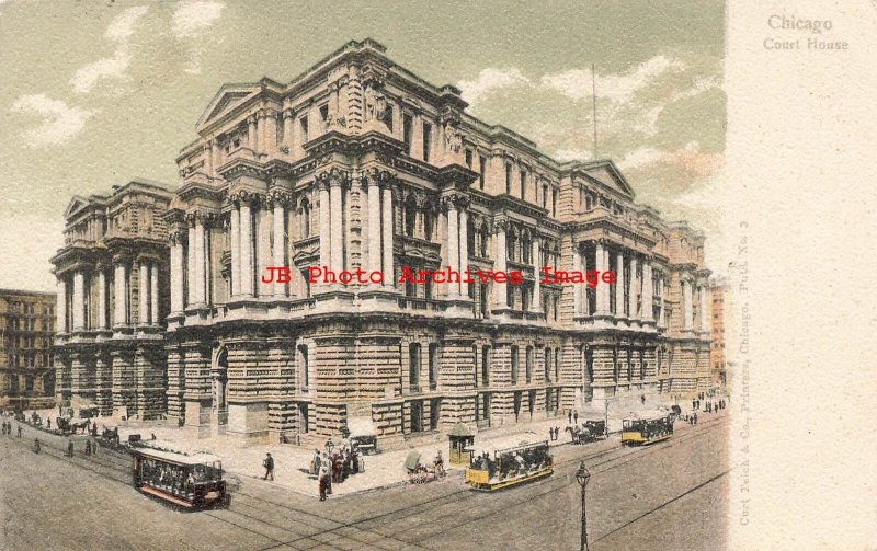 IL, Chicago, Illinois, Court House Building, Exterior, Trolley, Curteich No 3