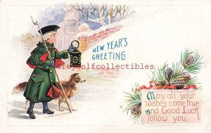 New Year, Colonial Man With Dog and Lantern, Embossed, 