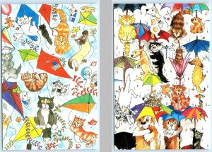 2 Postcards ELIZABETH TITCOMB Artist~ Kites ANTHROPOMORPHIC CATS Umbrellas 4x6