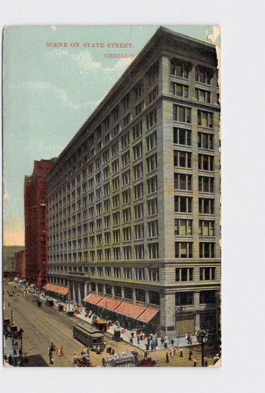 ANTIQUE POSTCARD ILLINOIS CHICAGO SCENE ON STATE STREET TROLLEY