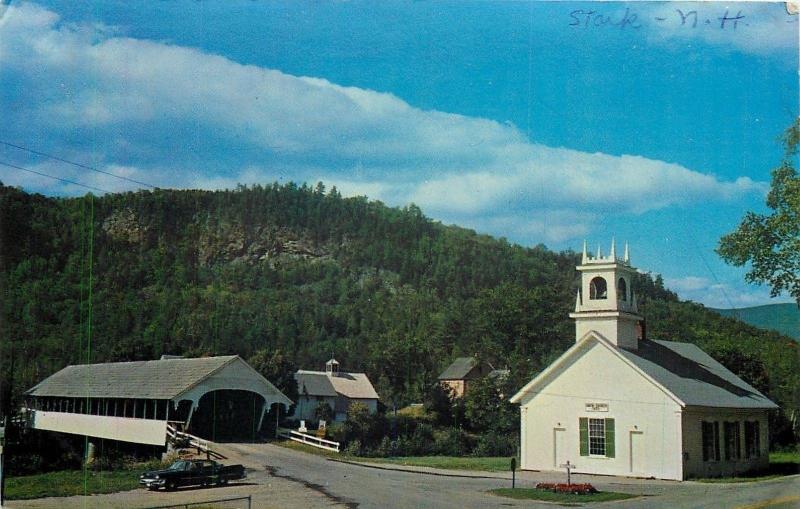 Stark New Hampshire~Covered Bridge and Church~Cross~Steeple~Rocky~1960s Postcard 