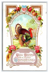 Turkey Fruit Border USA Crest Happy Thanksgiving Embossed 1912 DB Postcard Q22