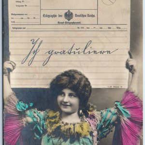 1907 Girl Hold Telegraph RPPC Telegram Form German Empire Reich Hand Color A192