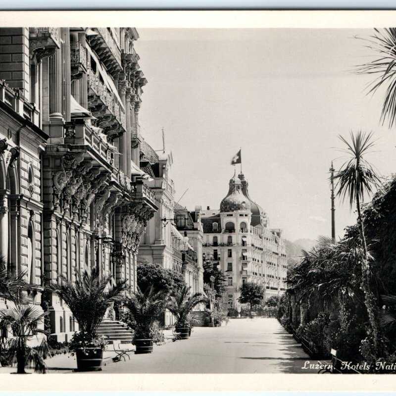 c1930s Luzern, Switzerland Downtown RPPC National Hotels Palace SHARP Photo A150