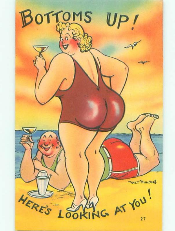 Linen Risque bottoms up CHUBBY FAT WOMAN ON BEACH RAISES HER GLASS AB6757