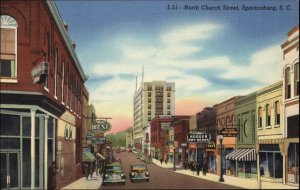 Spartanburg South Carolina SC North Church Street Scene Linen Vintage Postcard