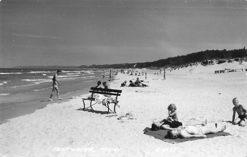 Pentwater MI Busy Beach Scene 1952 Real Photo Postcard