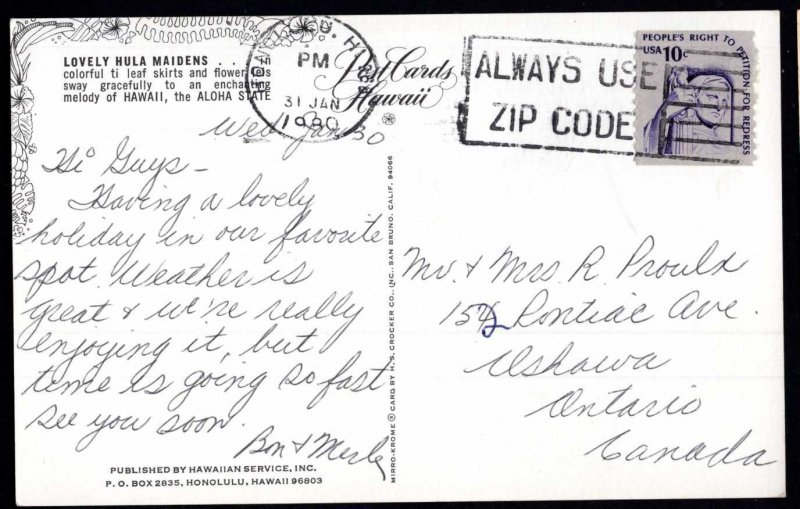 Hawaii Greetings from the Aloha State Lovely Hula Maidens pm1980 - Chrome