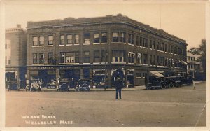 Wellesley MA Waban Block Storefronts Old Cars Police Officer Real Photo Postcard