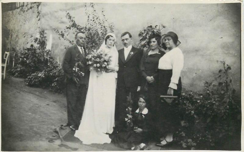 Vintage wedding real photo postcard groom and bride