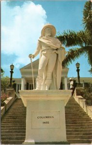 Postcard Bahamas Nassau Christopher Columbus Statue with Government House