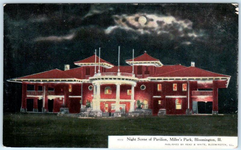 BLOOMINGTON, Illinois IL   Miller's Park PAVILION Night Scene  c1910s Postcard