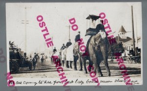 San Diego CALIFORNIA RPPC 1907 CIRCUS PARADE Woman Riding ELEPHANT Elephants CA