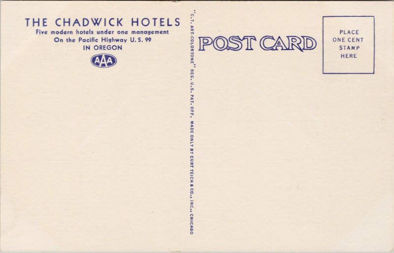 The Chadwick Hotels Advertising OR Oregon US 99 Hwy Unused Linen Postcard E91 