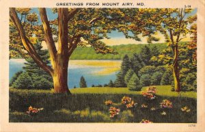 Mt Airy Maryland Greetings From scenic view by river linen antique pc ZC549356