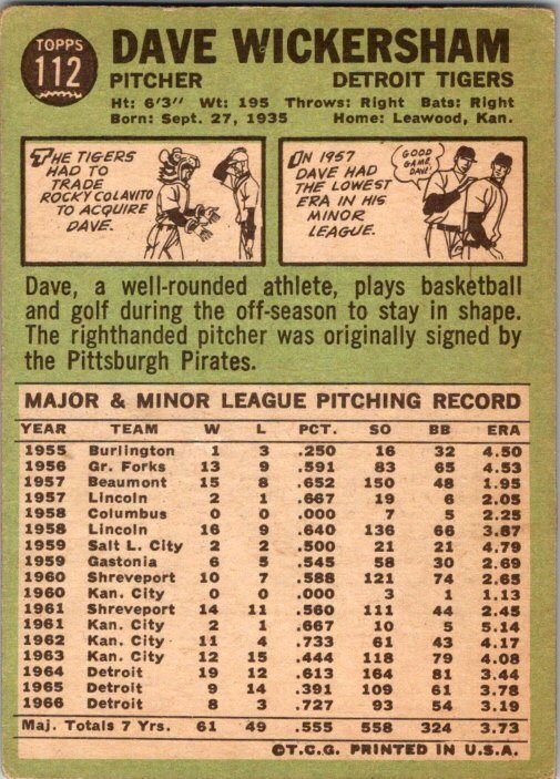 1967 Topps Baseball Card Dave Wickersham Detroit Tigers sk2271