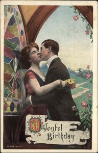 Birthday Couple Kissing Church Stained Glass Window c1910 Vintage Postcard